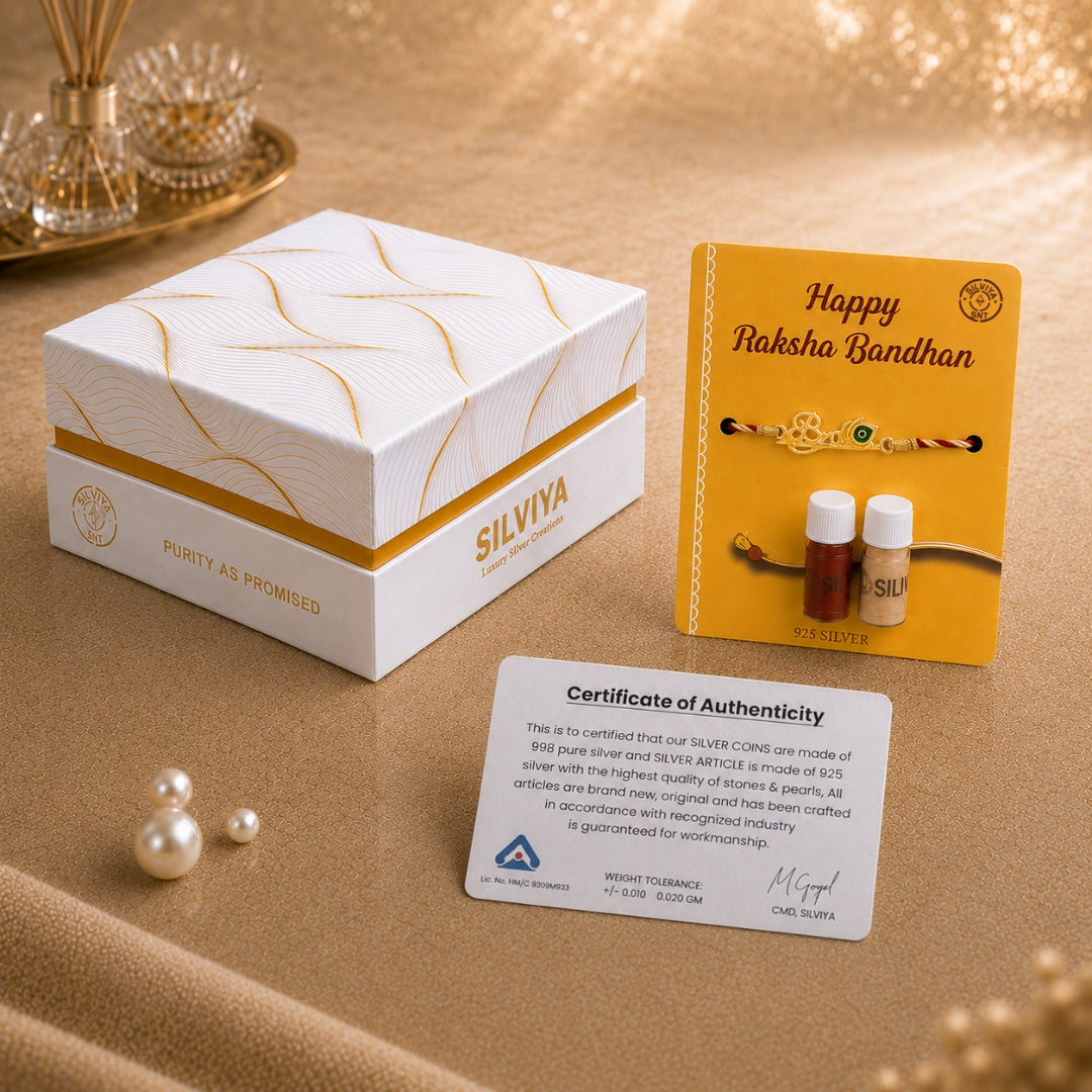 Premium Silviya gift box packaging for Silver Bansuri Rakhi – ideal 925 silver Raksha Bandhan gift for brother.