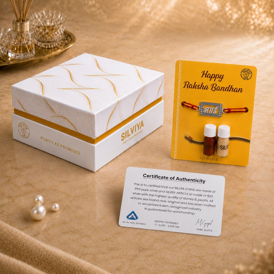 Premium Silviya gift box packaging for Silver Bhai Rakhi – ideal 925 silver Raksha Bandhan gift for brother.