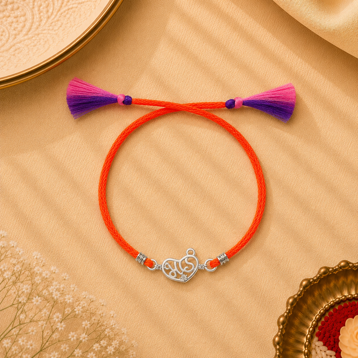 Silver Bhai in Heart Rakhi placed with roli chawal and festive decor – premium 925 silver Raksha Bandhan gift by Silviya.