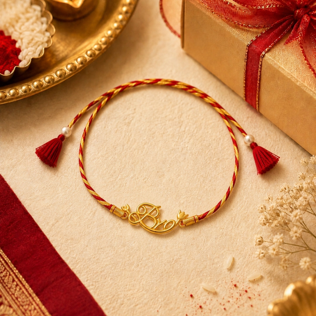 Silver Bro Design Rakhi placed with roli chawal and festive decor – premium 925 silver Raksha Bandhan gift by Silviya.