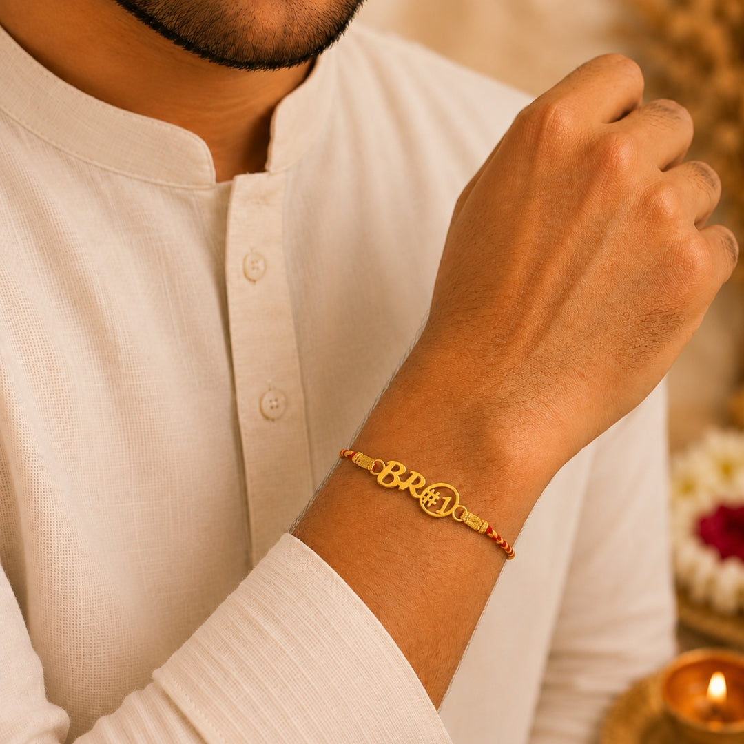 Brother wearing pure silver rakhi from Silviya – elegant red thread design with 925 silver charm.