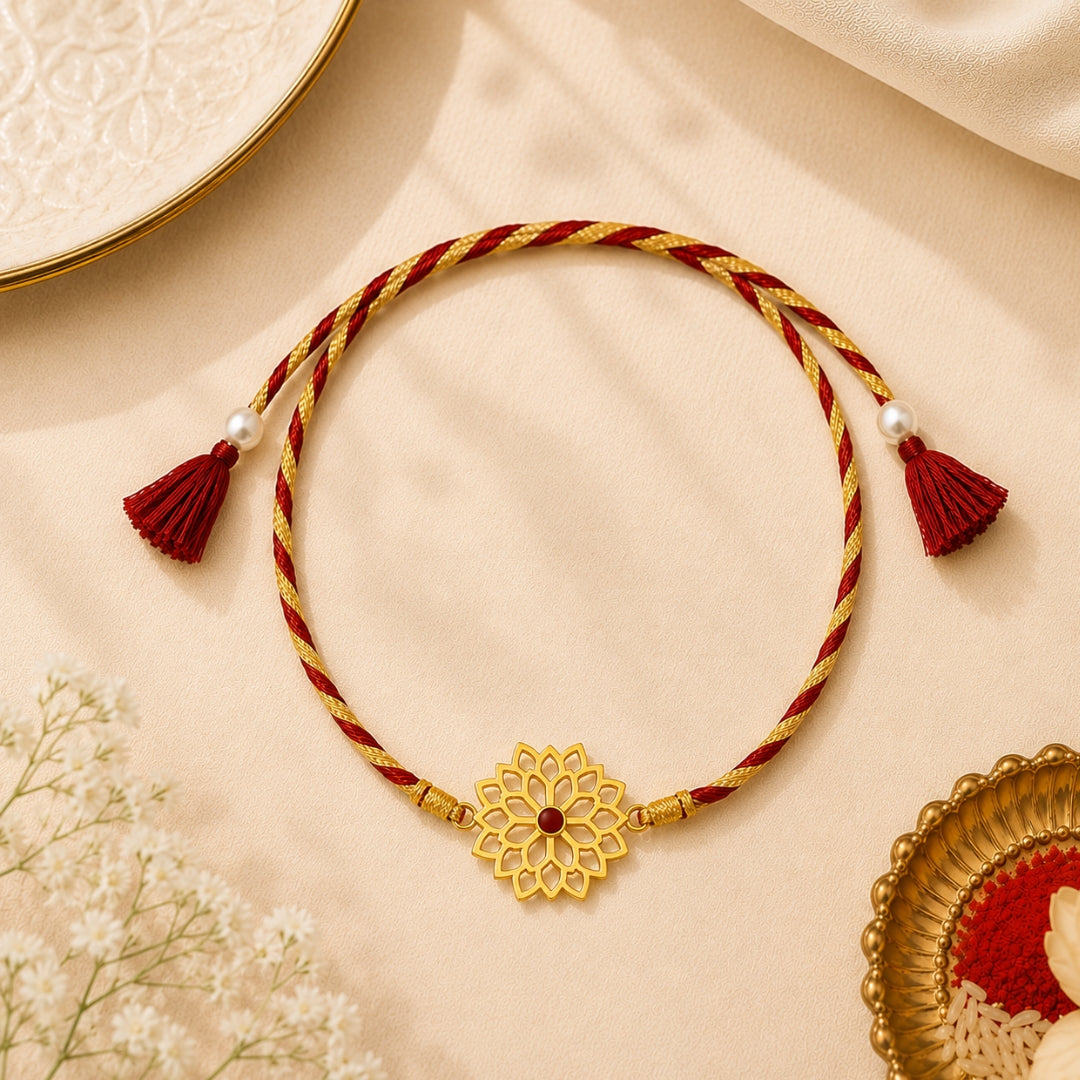 A silver elegant floral design Rakhi is placed with roli, chawal and a festive setup – a premium 925 silver Raksha Bandhan gift by Silviya.