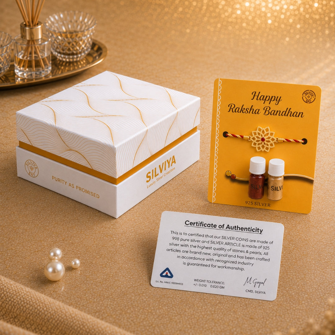 Premium Silviya gift box packaging for the Silver Elegant Floral Design Rakhi – an ideal 925 silver Raksha Bandhan gift for a brother.
