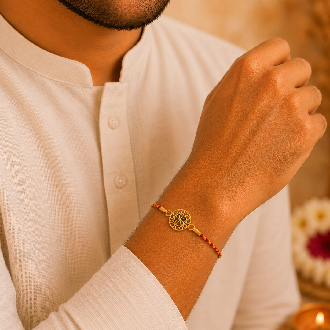 Brother wearing Silver Floral Meena Art Rakhi by Silviya – 925 silver rakhi for Raksha Bandhan.