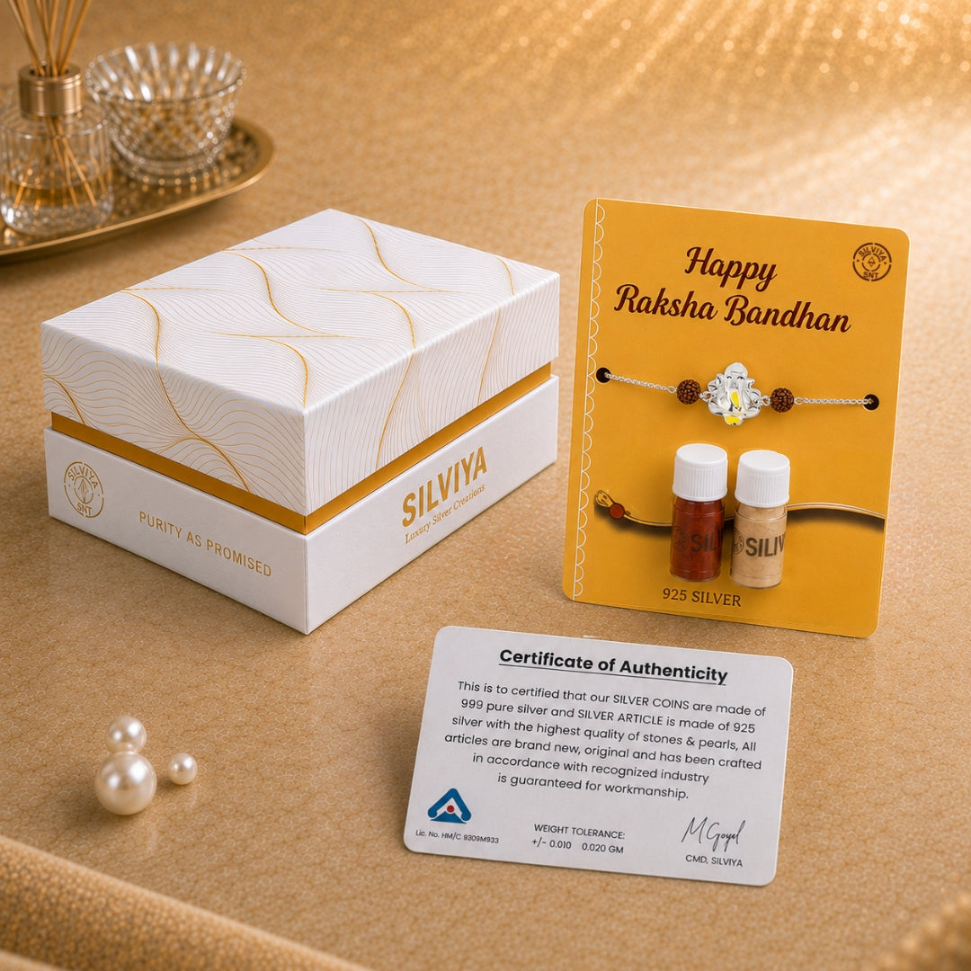 Premium Silviya gift box packaging for Silver Ganesh Ji Rudraksh Rakhi for Kids – ideal 925 silver Raksha Bandhan gift.