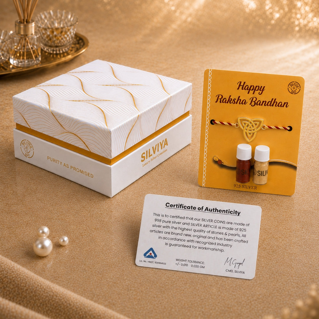 Premium Silviya gift box packaging for Silver Geometrical Rakhi – ideal 925 silver Raksha Bandhan gift for brother.