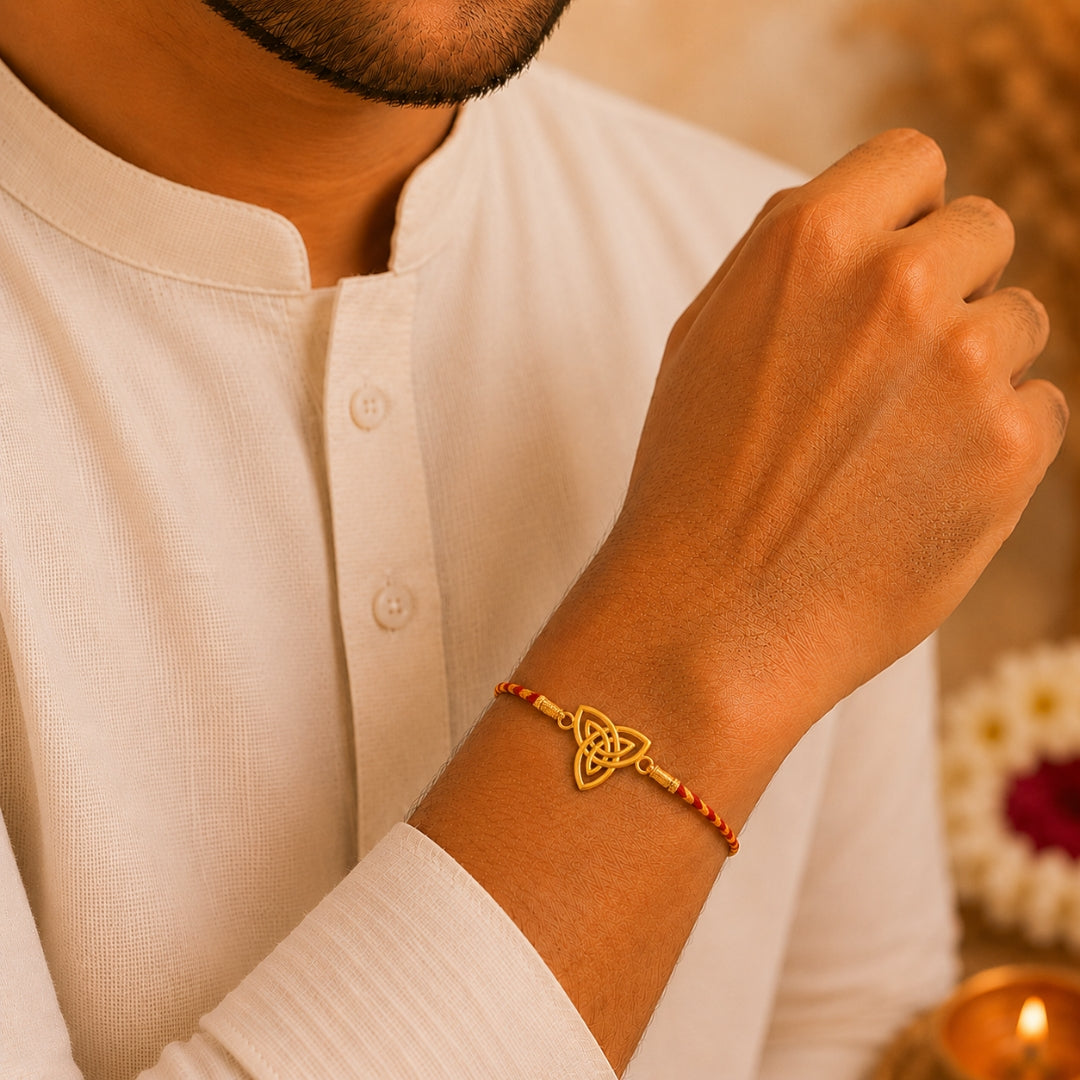 Brother wearing Silver Geometrical Rakhi by Silviya – stylish 925 silver rakhi for Raksha Bandhan.