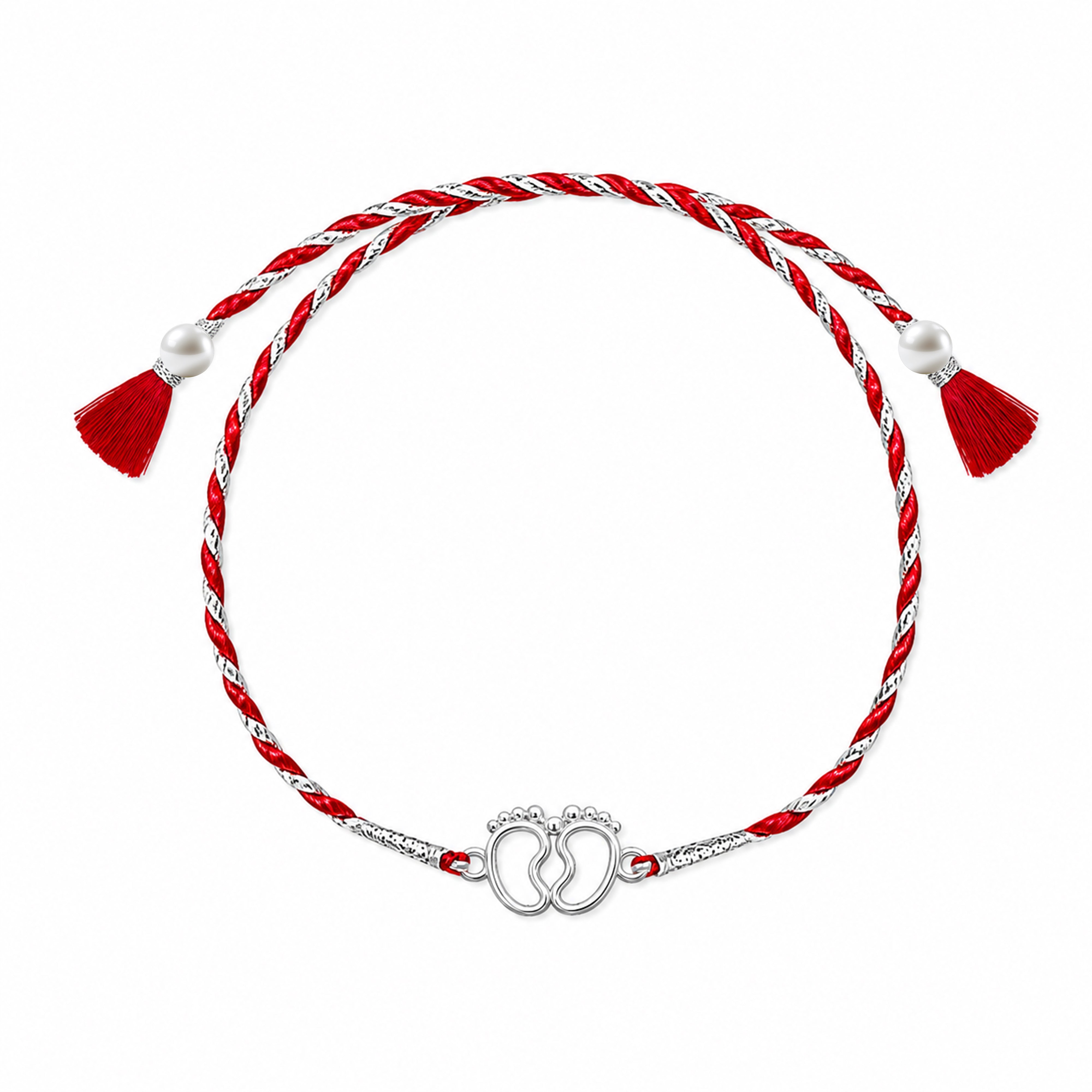 Close-up of Silver Little Feet Rakhi with red and white thread