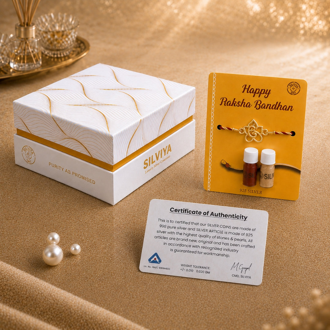 Premium Silviya packaging for Silver Lord Ganesha in Flower Rakhi – the perfect 925 silver Raksha Bandhan gift for brother.