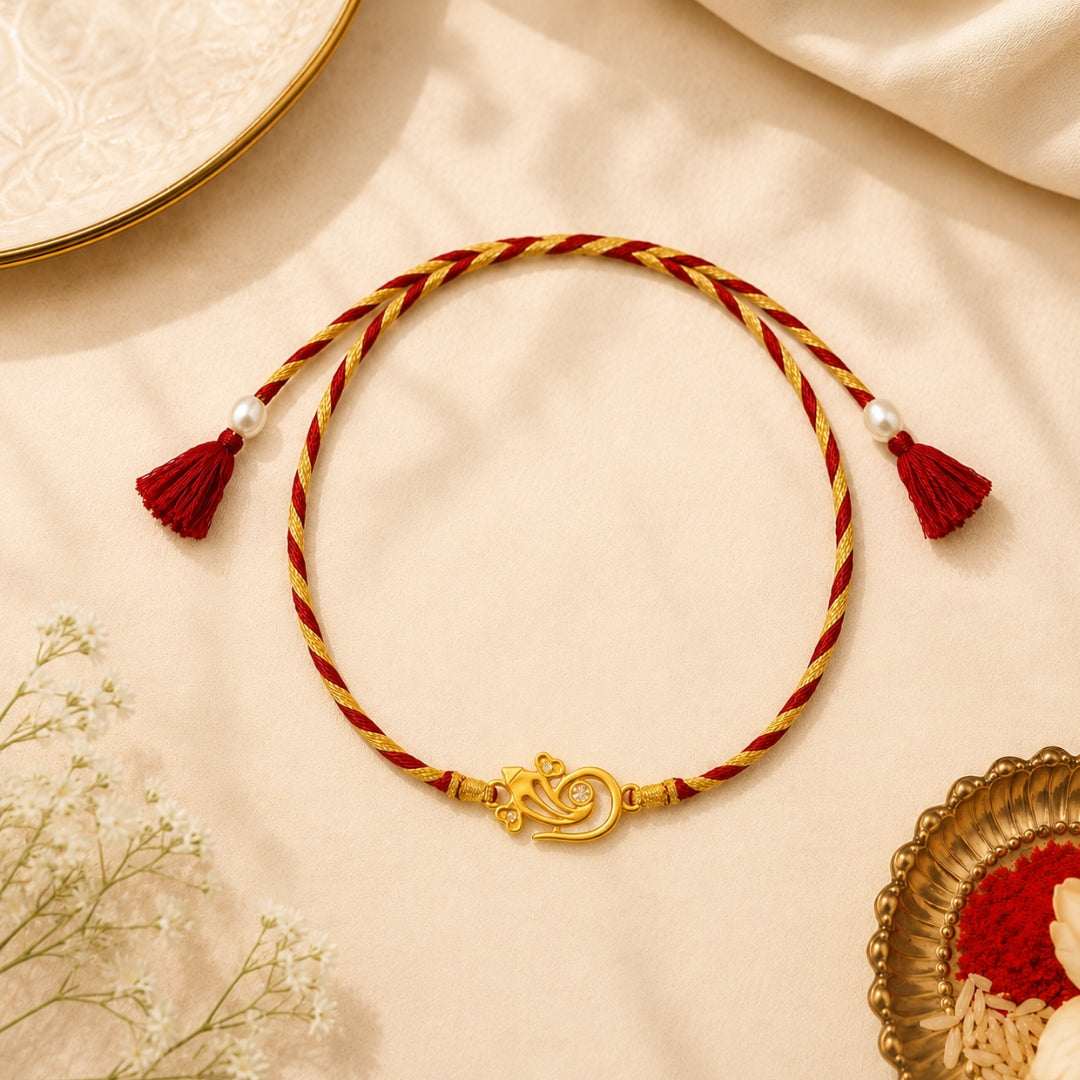 Silver Lord Ganesha Rakhi placed with roli chawal and festive setup – premium 925 silver Raksha Bandhan gift by Silviya.