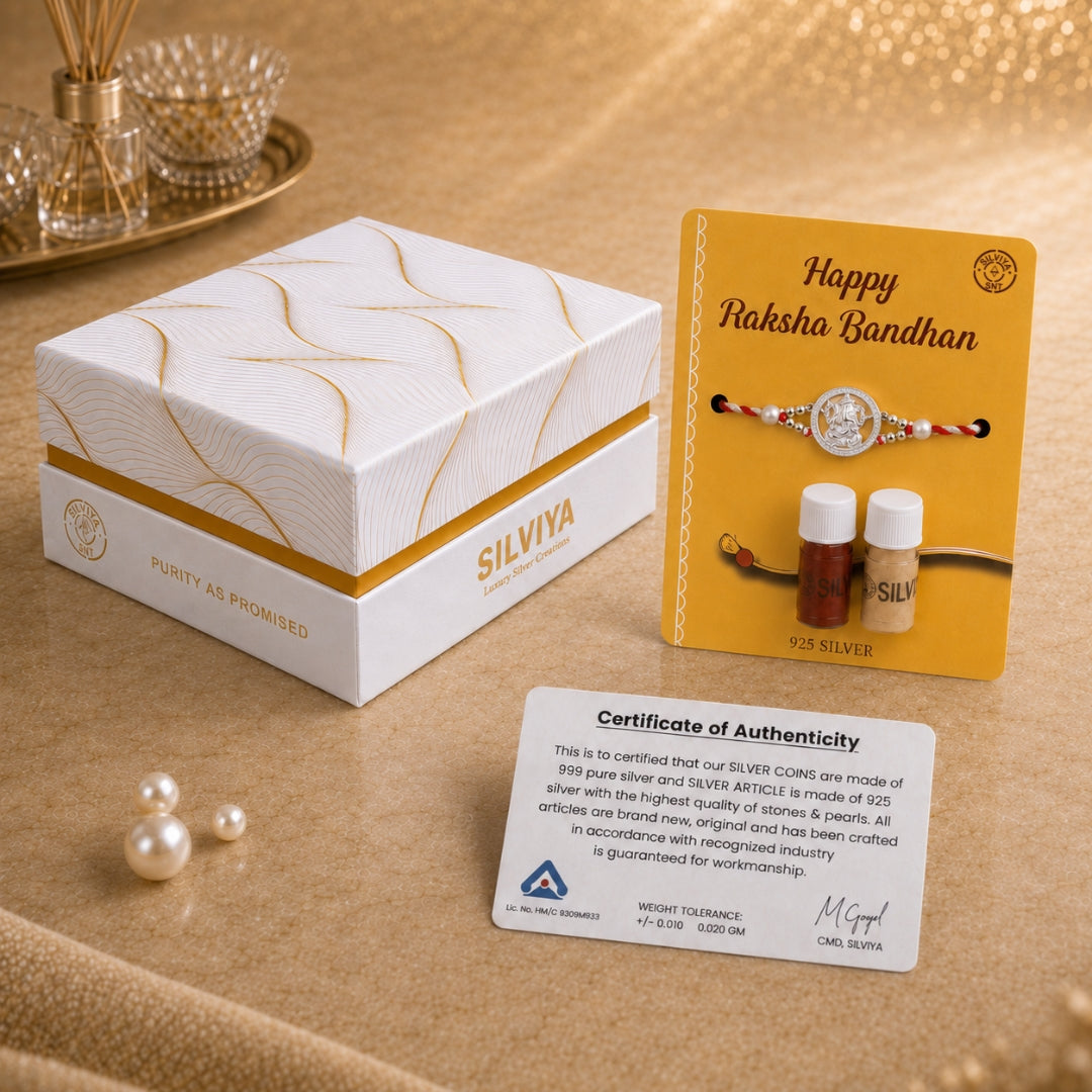 Premium Silviya gift box packaging for Silver Lord Ganpati Rakhi with Stone – ideal 925 silver Raksha Bandhan gift for brother.