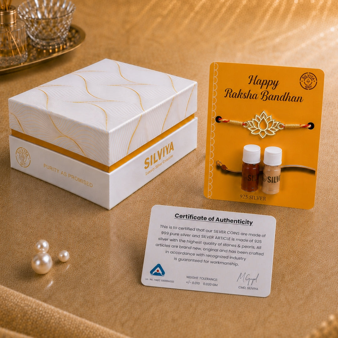 Silver Lotus Rakhi gift box with Roli Chawal and premium packaging