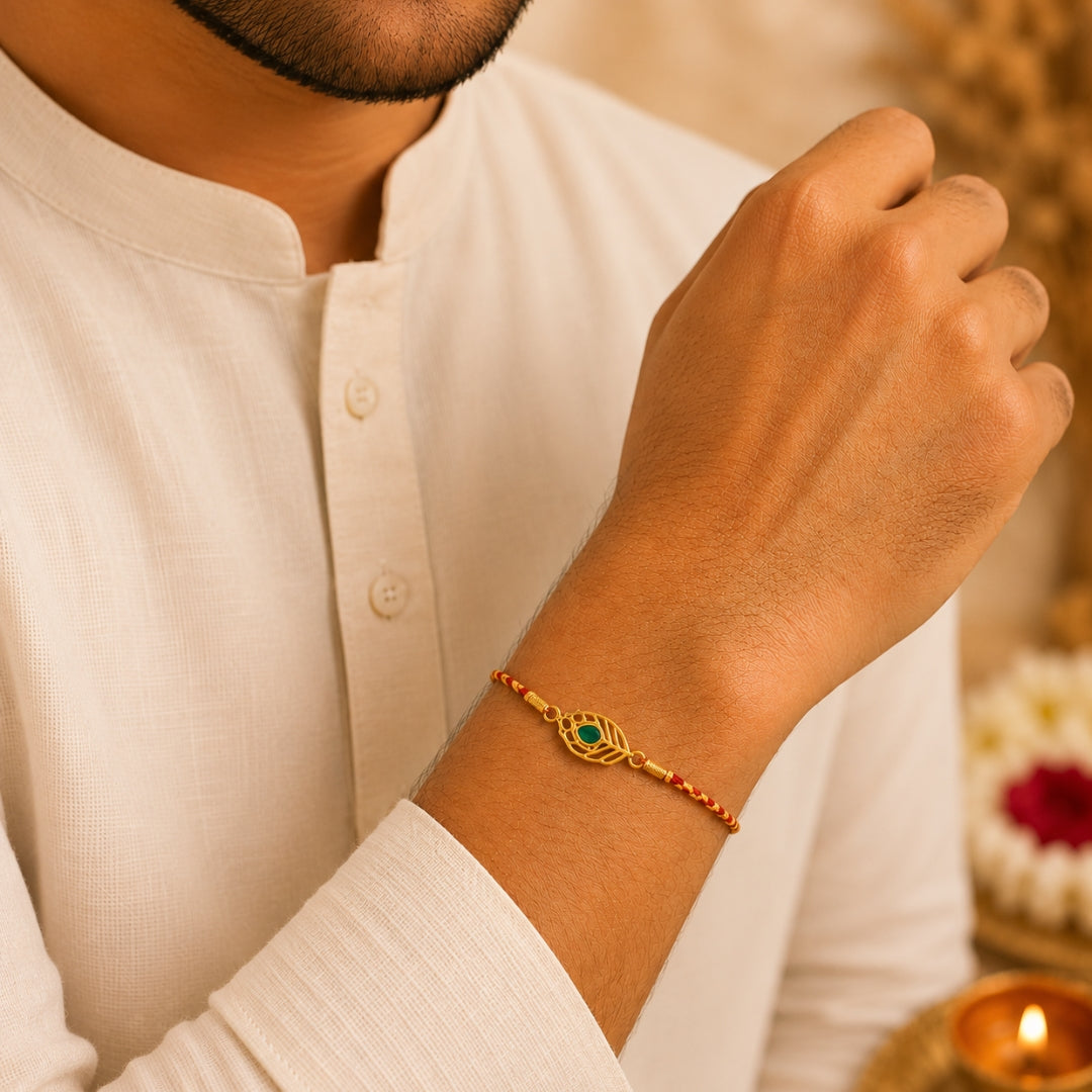 Brother wearing Silver Mor Pankh Rakhi by Silviya – pure 925 silver rakhi design for Raksha Bandhan