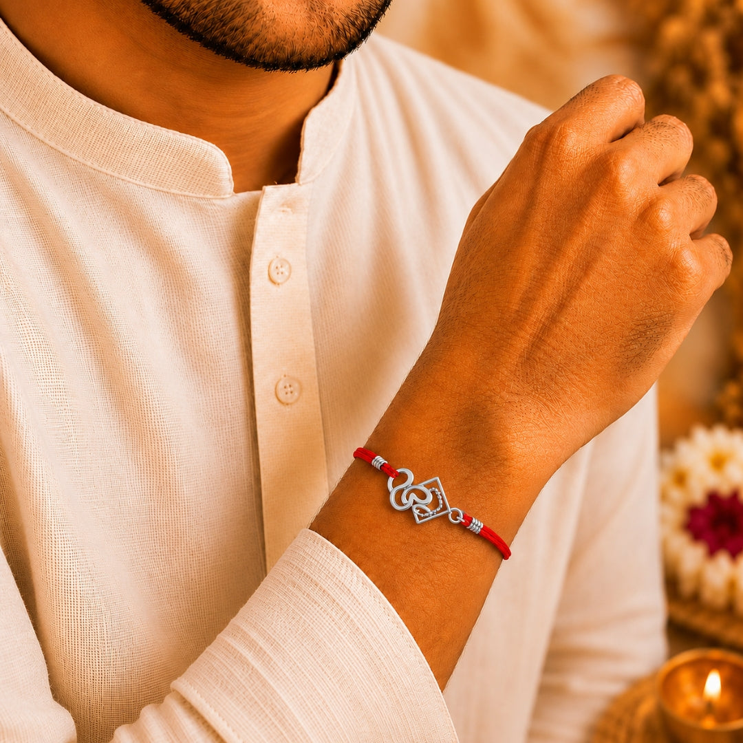 Brother wearing Silver Om Cum Pendant Rakhi by Silviya – elegant 925 silver rakhi for Raksha Bandhan.