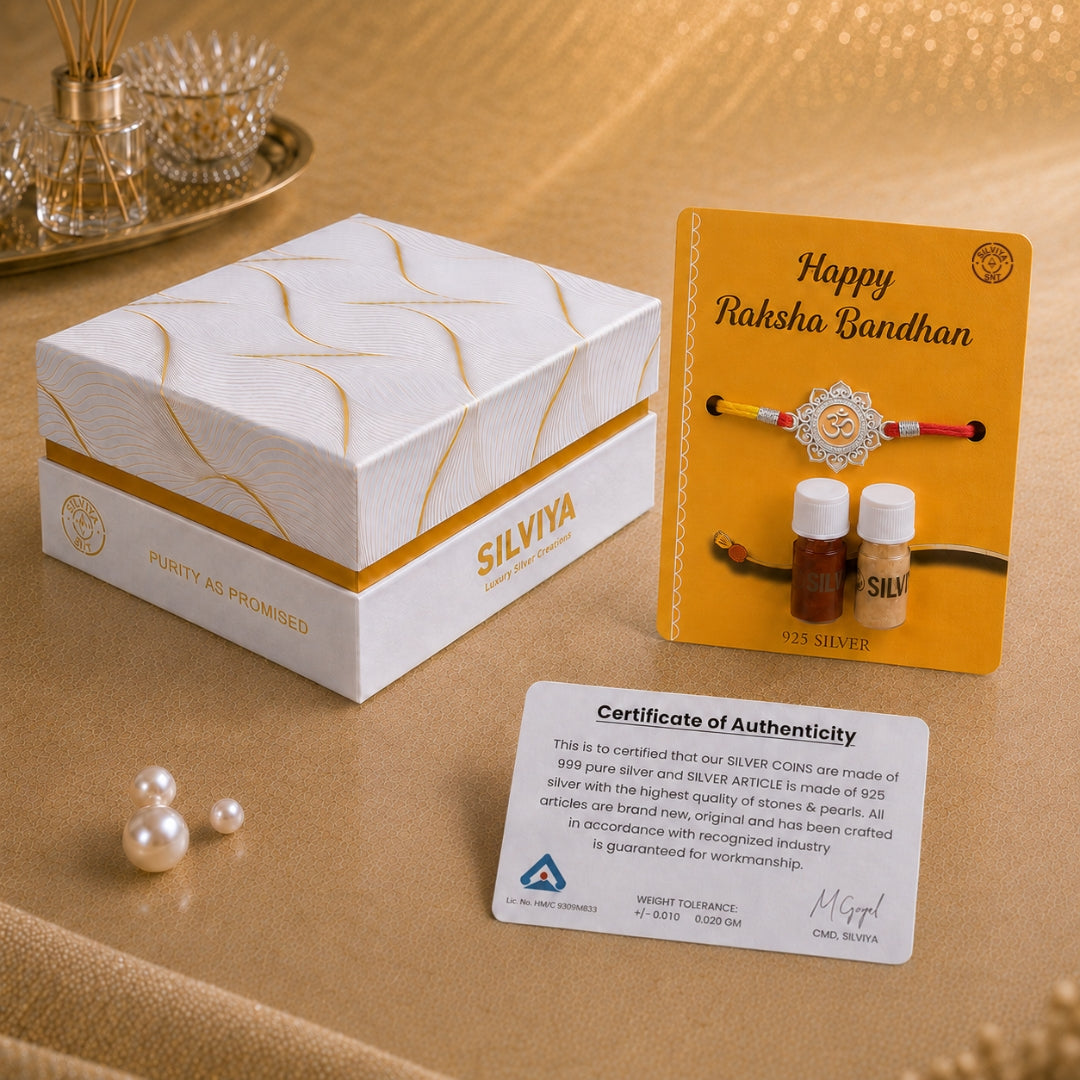 Premium Silviya gift box packaging for Silver Om Flower Rakhi – ideal 925 silver Raksha Bandhan gift for brother.