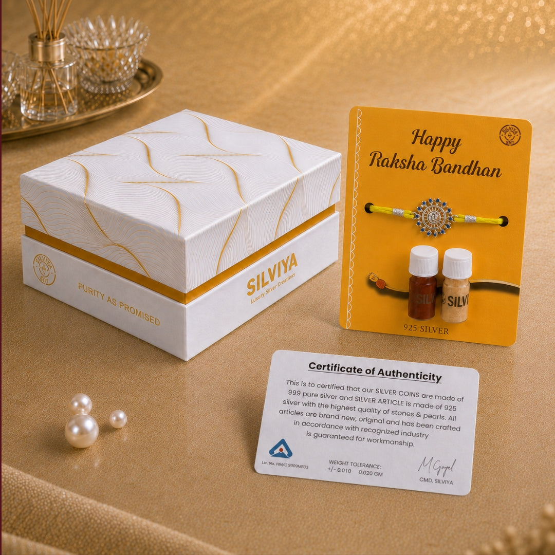 Premium Silviya gift box packaging for the Silver Om Sun Rakhi – ideal 925 silver Raksha Bandhan gift for brother.