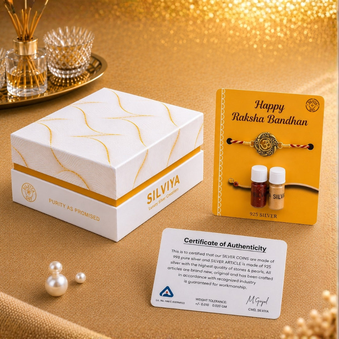 Premium Silviya gift box packaging for Silver Om with Leaf Rakhi – ideal 925 silver Raksha Bandhan gift for brother.
