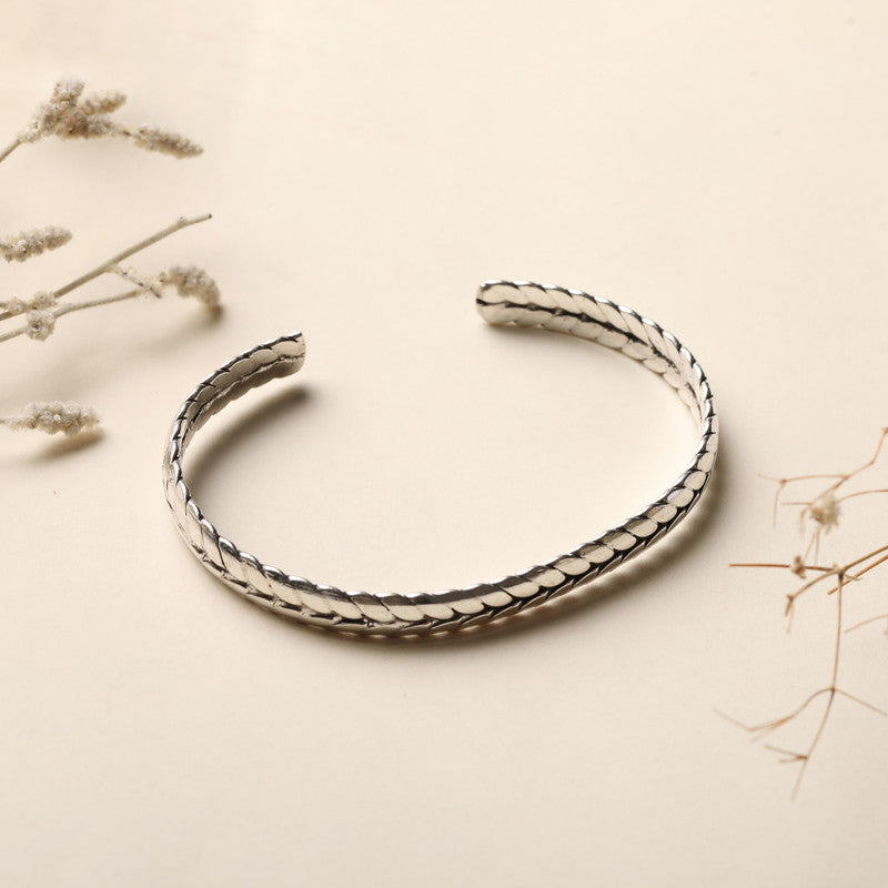 Silver Open Cuff Braided Woven Band prop display showing braided details