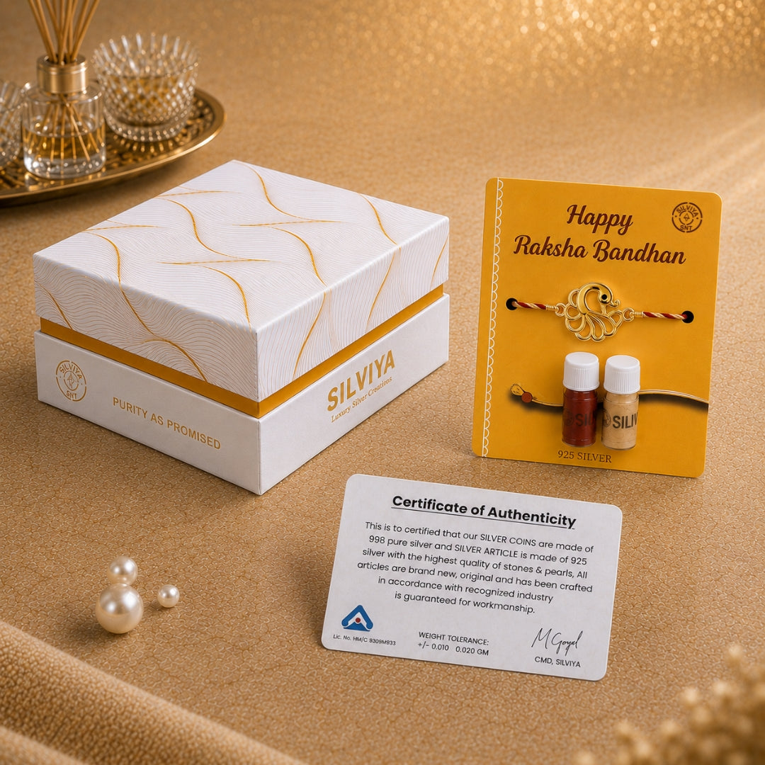 Premium Silviya gift box packaging for Silver Peacock Rakhi – ideal 925 silver Raksha Bandhan gift for brother.