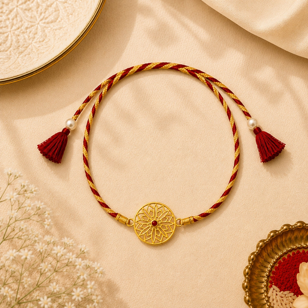 Silver Sun Star Rakhi placed with roli chawal and festive decor – premium 925 silver Raksha Bandhan gift by Silviya.