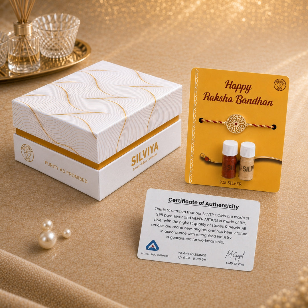 Premium Silviya gift box packaging for Silver Sun Star Rakhi – ideal 925 silver Raksha Bandhan gift for brother.