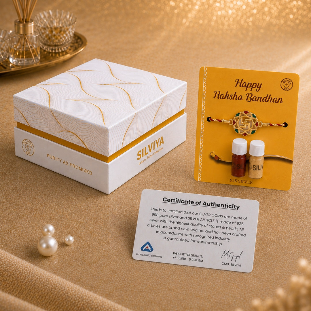Premium Silviya gift box packaging for Silver Swastik Meena Art Rakhi – ideal 925 silver Raksha Bandhan gift for brother.