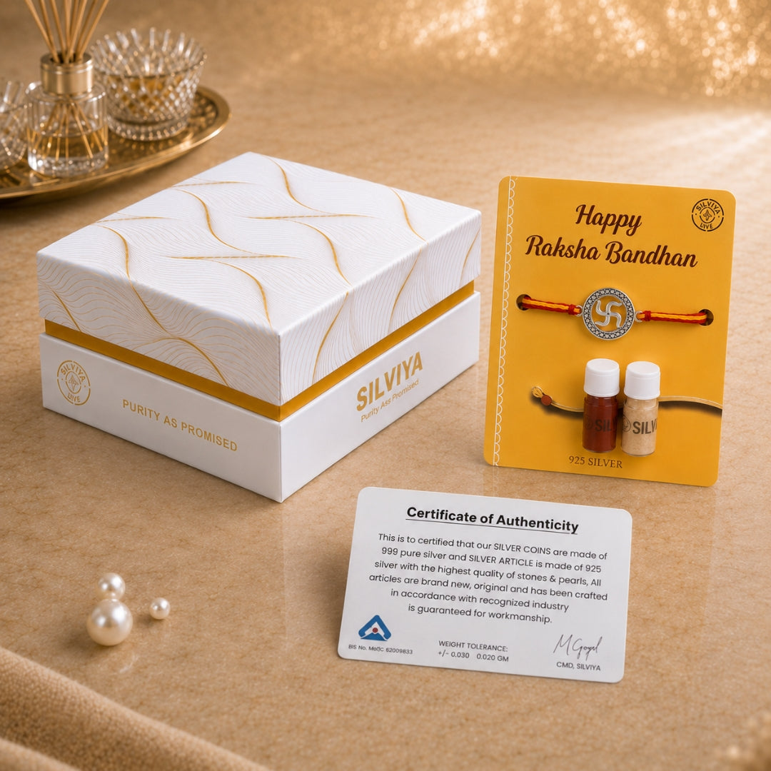 Premium Silviya gift box packaging for Silver Swastik Rakhi – ideal 925 silver Raksha Bandhan gift for brother.