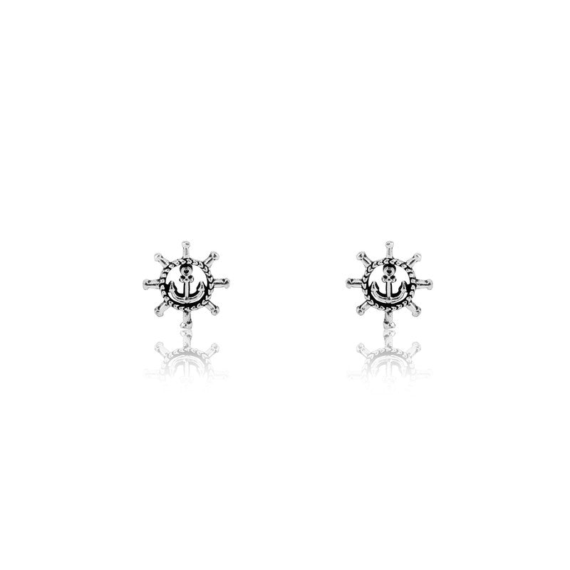 Sterling Silver Ship Wheel Stud Earrings for women – elegant festive jewelry gift for Diwali, Karwa Chauth, and weddings.