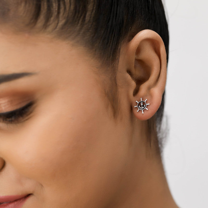 Girl wearing Sterling Silver Ship Wheel Stud Earrings – perfect Raksha Bandhan and festive gift for sisters and loved ones.