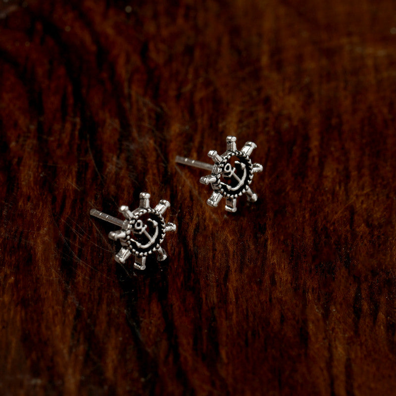 Sterling Silver Ship Wheel Stud Earrings – trendy festive jewelry for Diwali, Bhai Dooj, and Karwa Chauth gifting.
