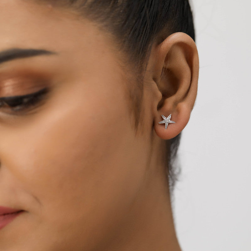 Girl wearing Sterling Silver Star Stud Earrings – perfect Raksha Bandhan and festive gift for sisters and loved ones.