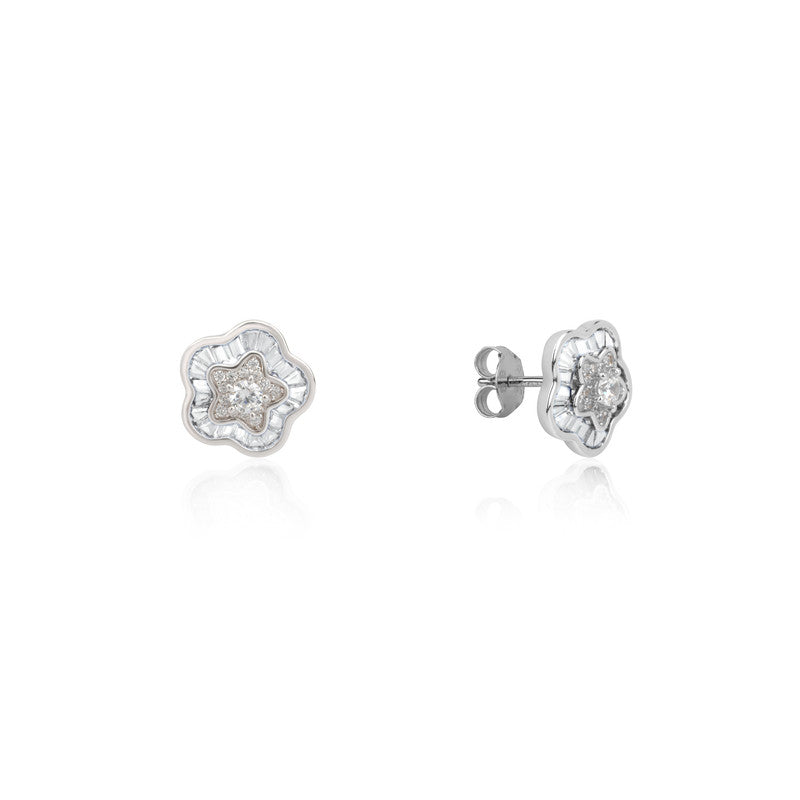 Pure sterling silver floral stud earrings – minimalist festive jewellery for women, ideal for Diwali, Navratri, and gifting.