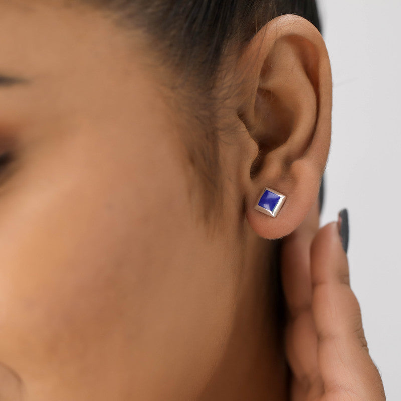 Trendy sterling silver square stud earrings on model – perfect festive jewellery for Karva Chauth, Raksha Bandhan, and parties.