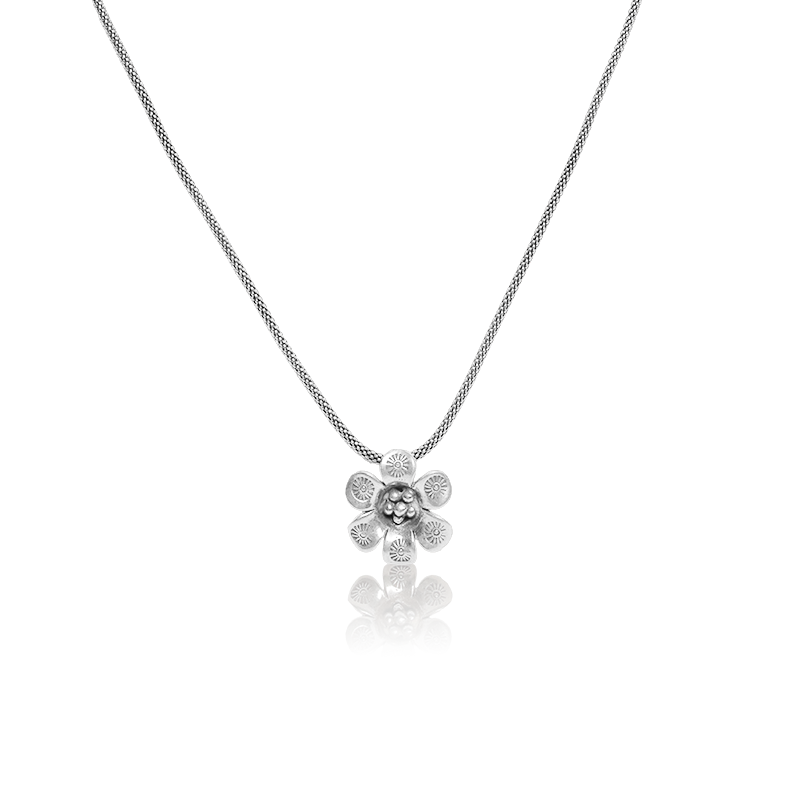Tiny Oxidized Silver Flower Pendant – delicate floral charm necklace for women, perfect for Navratri, Diwali, and everyday wear