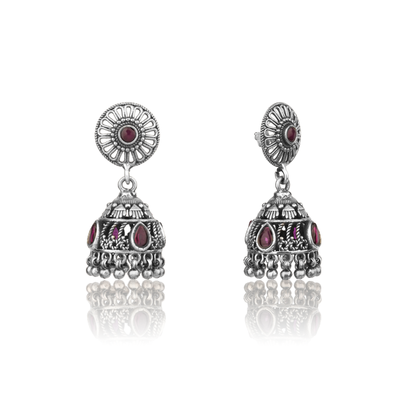 Classic traditional 925 silver jhumka earrings – close up image