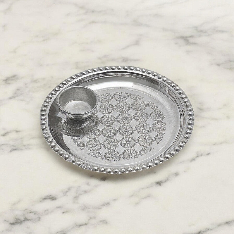 Elegant 925 Silver Round Puja Plate with Bowl | Traditional Silverware for Temple & Festivals