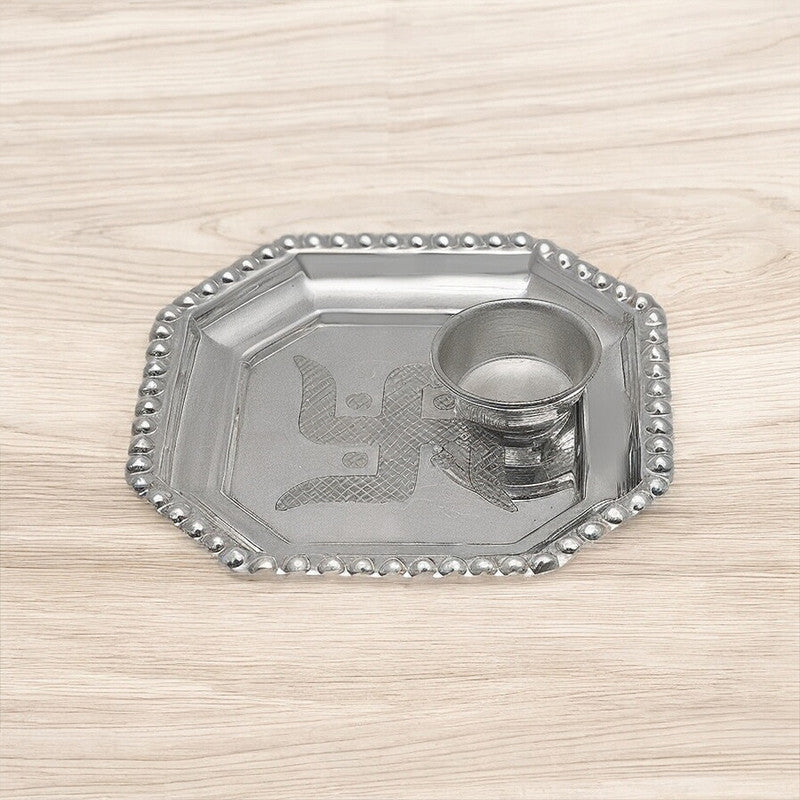 Elegant 925 Silver Swastik Engraved Ashtkon Puja Thali with Katori | Traditional Silverware for Festivals