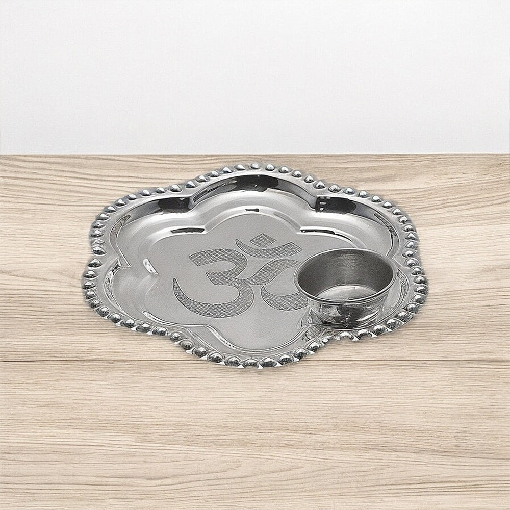 Elegant 925 Silver Om Engraved Puja Thali with Katori | Traditional Silverware for Festivals & Rituals