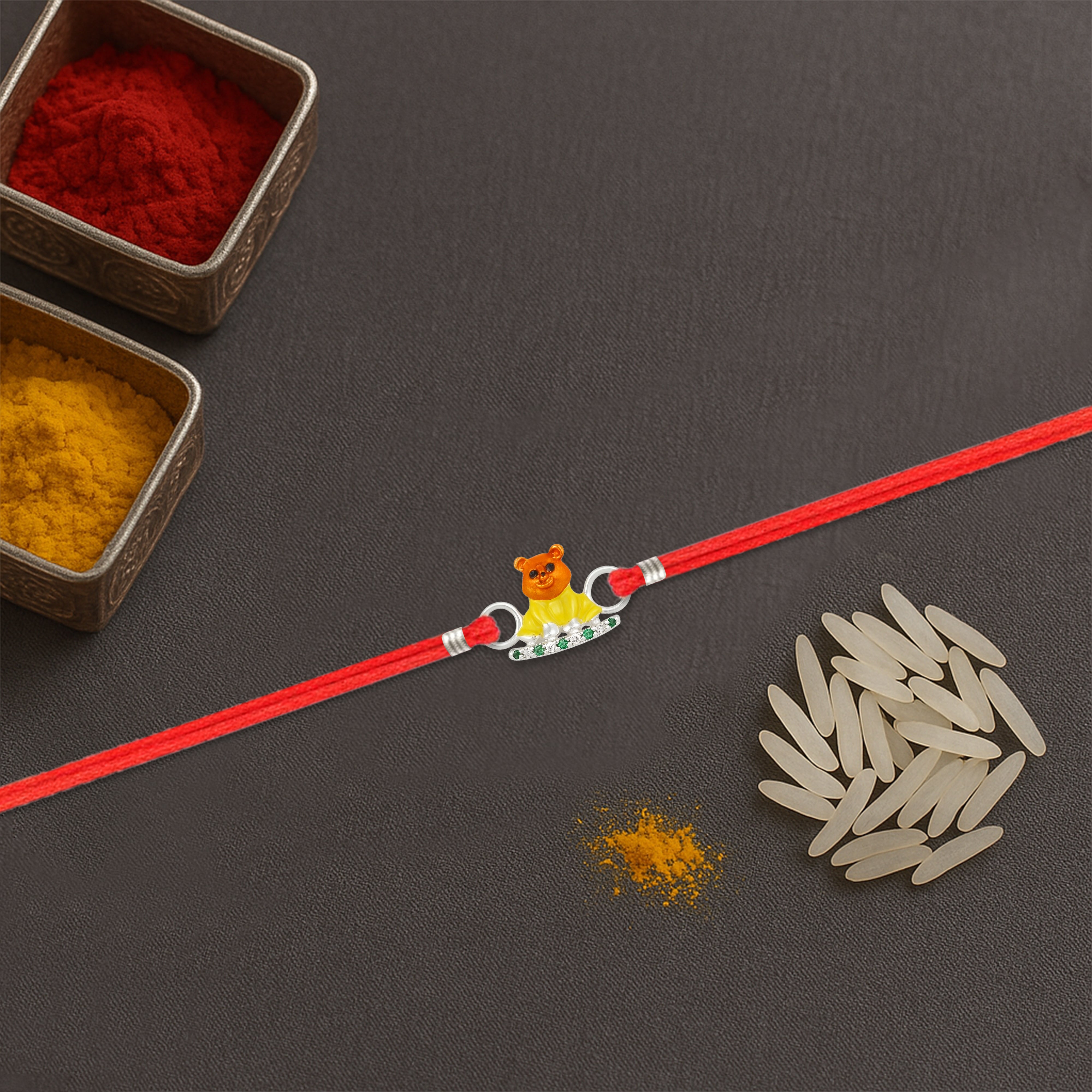 Silver Teddy Rakhi Green Stones For Kids