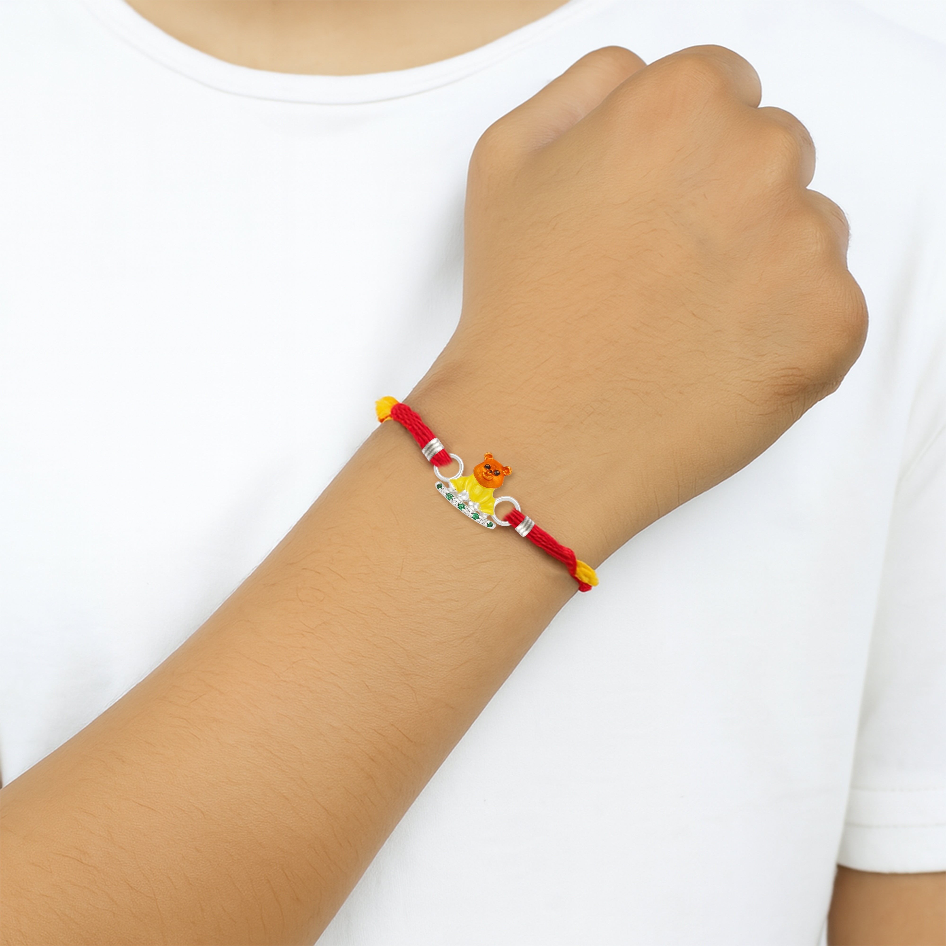 Silver Teddy Rakhi Green Stones For Kids
