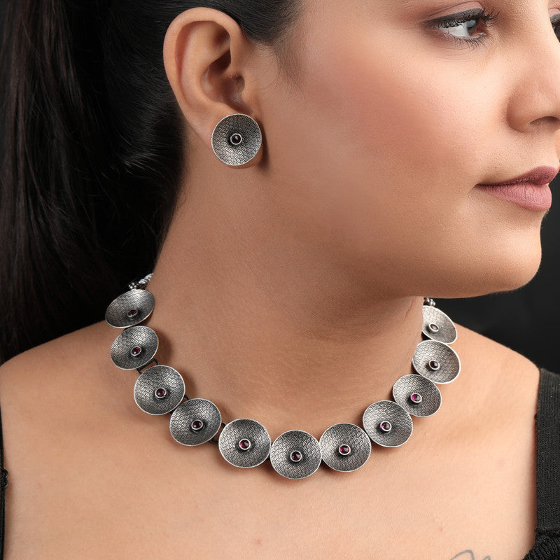 Model wearing Warrior Shield 925 Silver Necklace – perfect Dhanteras jewellery gift