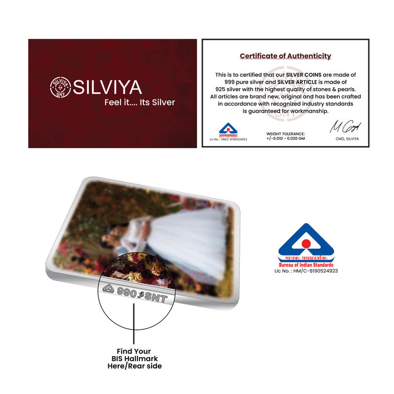 BIS hallmark certification card for Silviya 999 pure silver square personalized wedding coin.