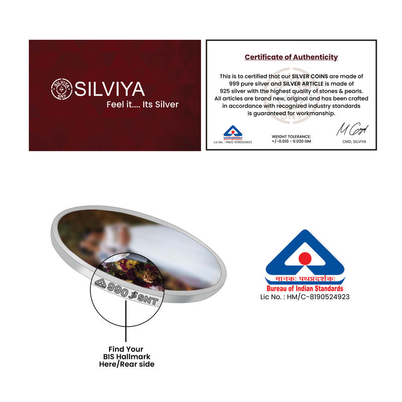 BIS hallmark purity certificate for Celebrate Love personalized 999 pure silver wedding coin by Silviya.