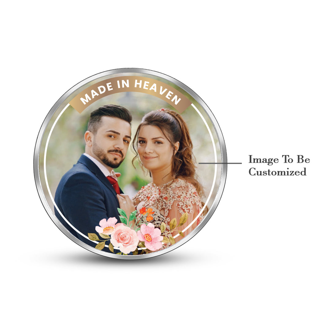 999 pure silver personalized wedding coin featuring couple photo in elegant beige floral frame.