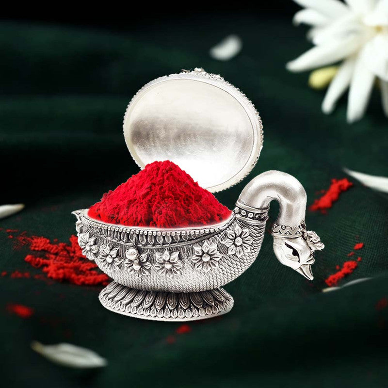 925 Silver Goddess Lakshmi Engraved Swan Shape Sindoor Box – traditional silver sindoor holder