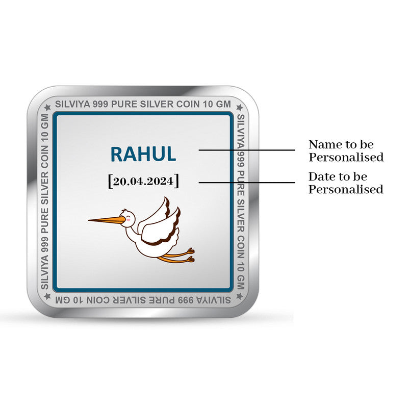 Backside view of square 999 pure silver baby boy keepsake coin with polished finish