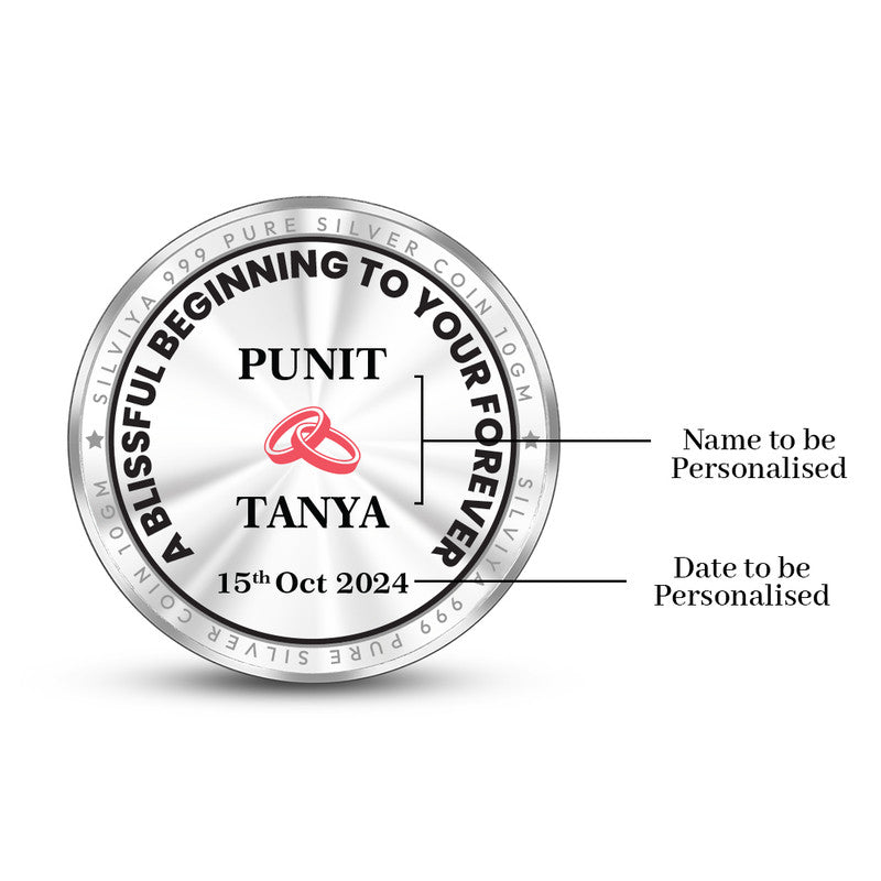 Back side of personalized 999 pure silver round coin with wedding message and heart design