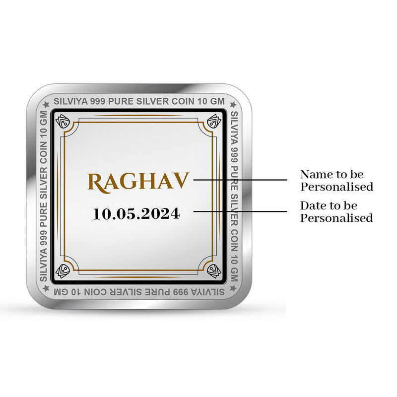 Backside view of square 999 pure silver Welcome Baby coin with polished finish.