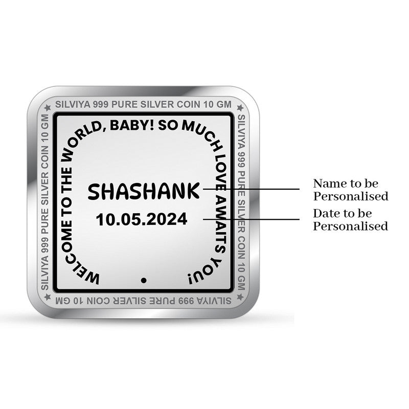 Backside view of square 999 pure silver new born baby boy coin with polished finish.