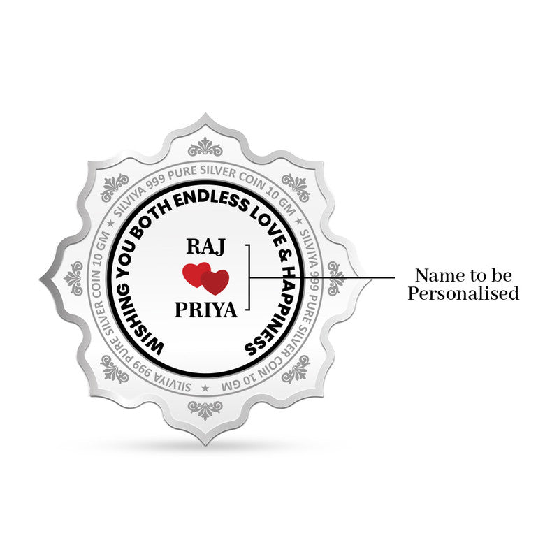 Back side of 999 pure silver lotus wedding memento coin with special wedding message and heart icon